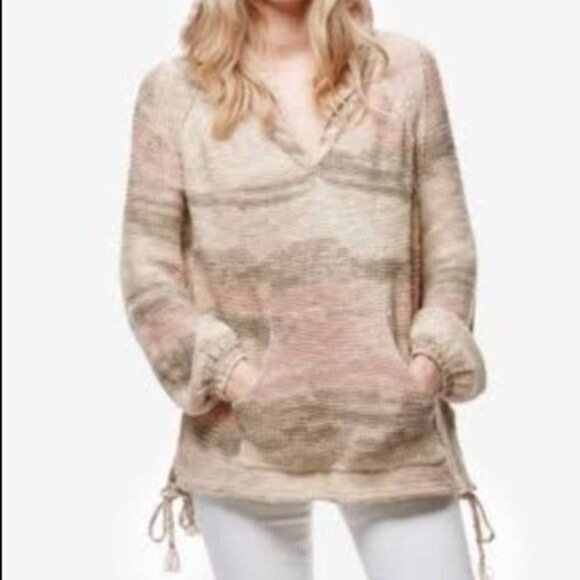 RARE Free People Hooded Beige Neutral Toned Coastal Boho Knit Pull Over Sweater - Picture 5 of 6
